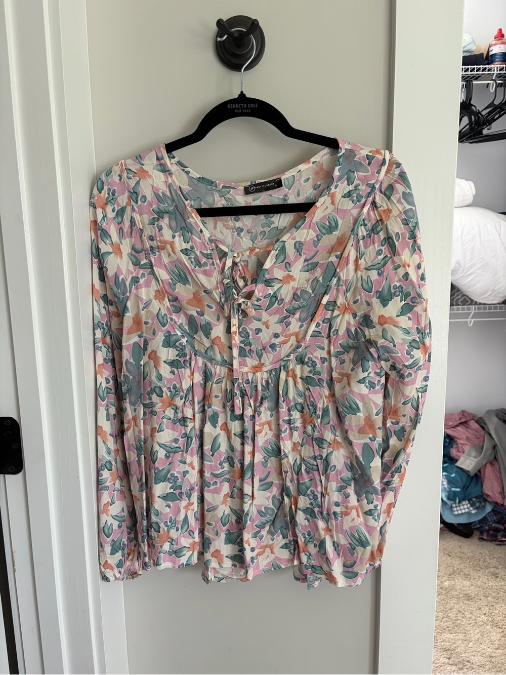 PrettyGarden Floral Peasant Blouse - Pastel Pink & Green